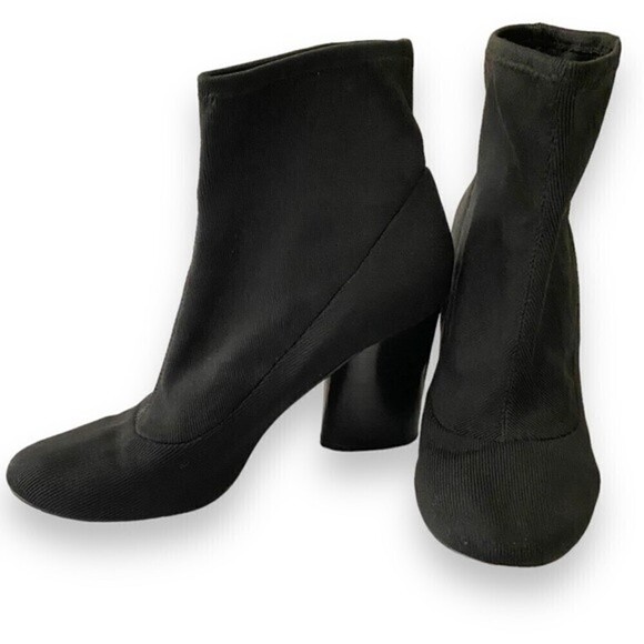 Gunmetal Black Sock Ankle Booties Slip On Round Toe Ribbed Fabric Boots Chunky - Picture 1 of 10